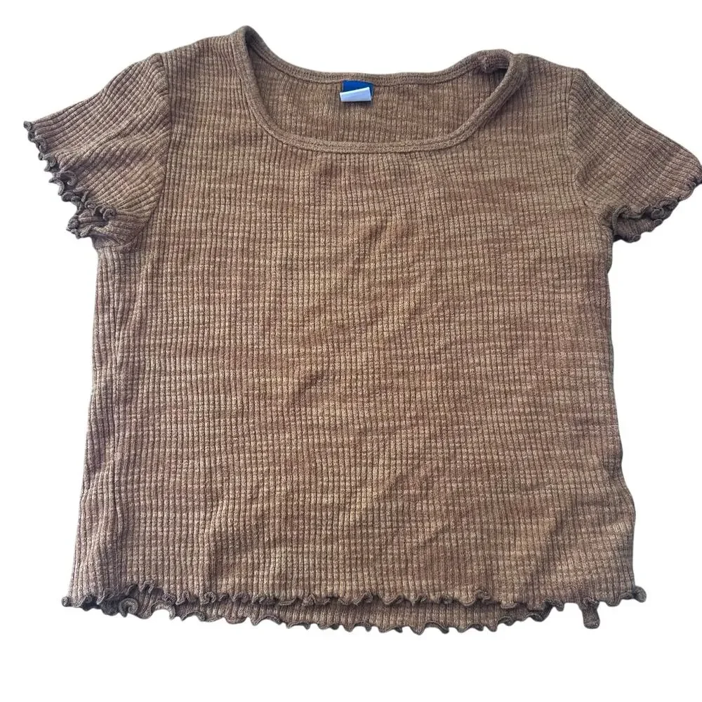 Old Navy Tan Ribbed Lettuce Hem Tee - Size Large (10/12)